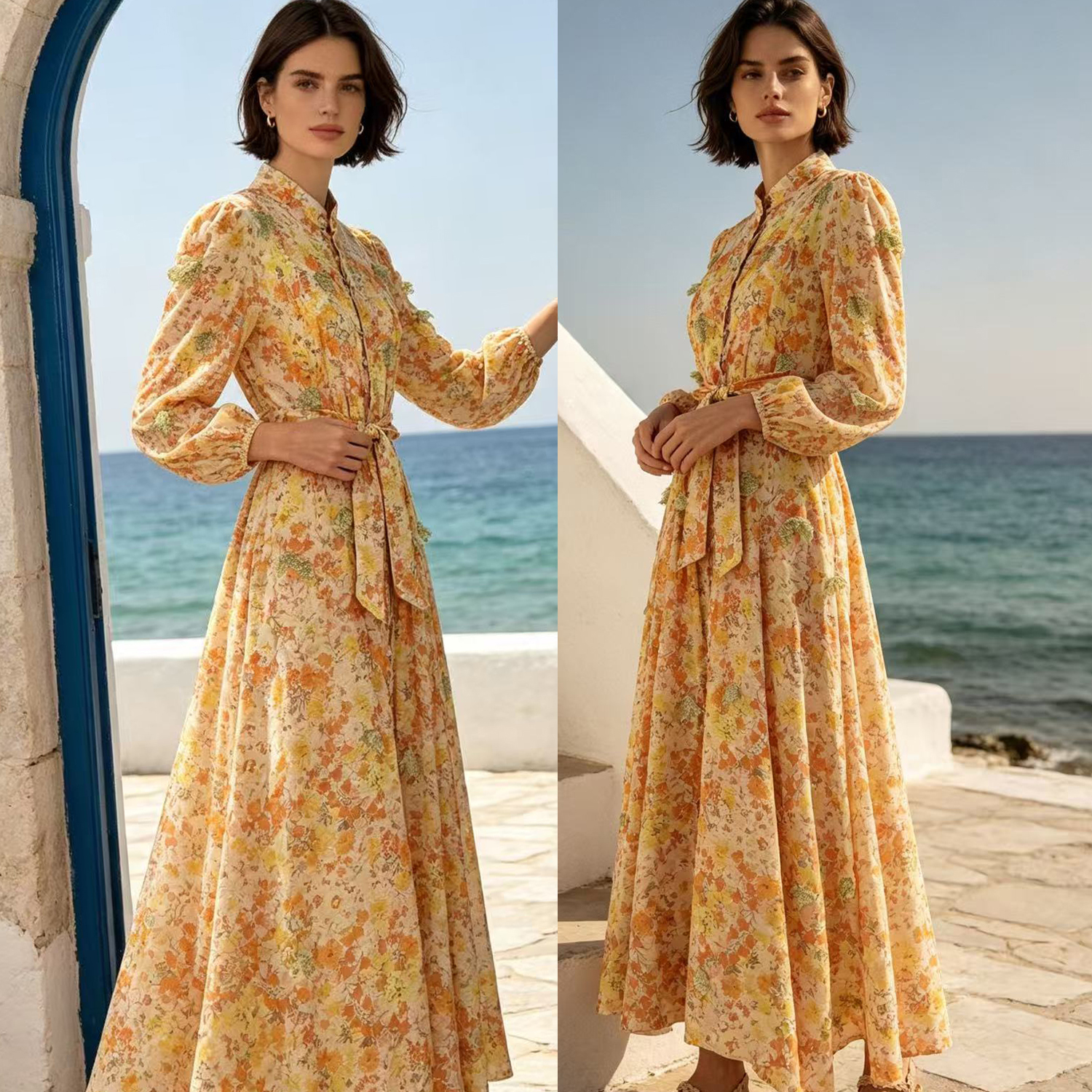 Australian autumn light luxury palace style heavy industry nail flower lantern sleeves long sleeves floral print large swing dress long skirt