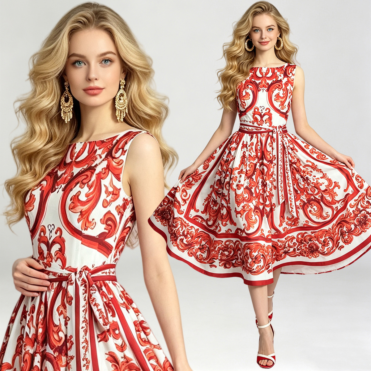 French romantic floral print sleeveless dress with high waisted bow tie and drawstring, cinched waist and large swing skirt