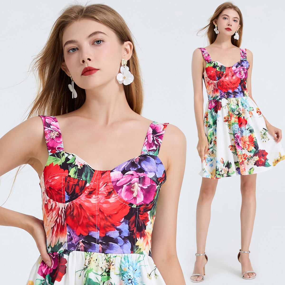 Real shot high waisted printed three-dimensional strapless suspender short dress with elastic elastic rubber on the back