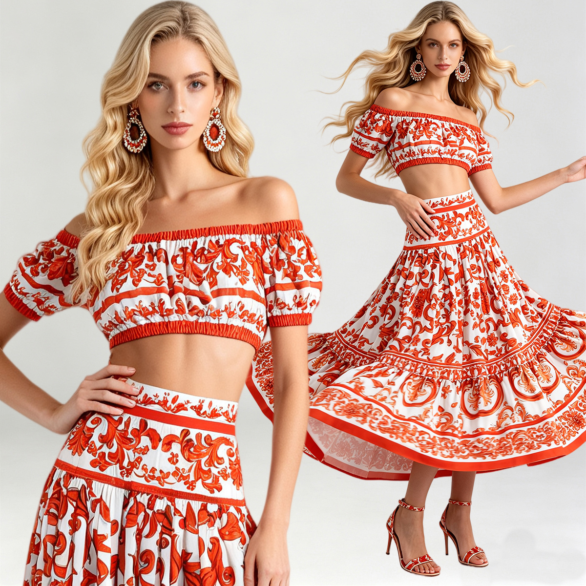 One neck off shoulder short strapless top+high waisted skirt two-piece fashionable set
