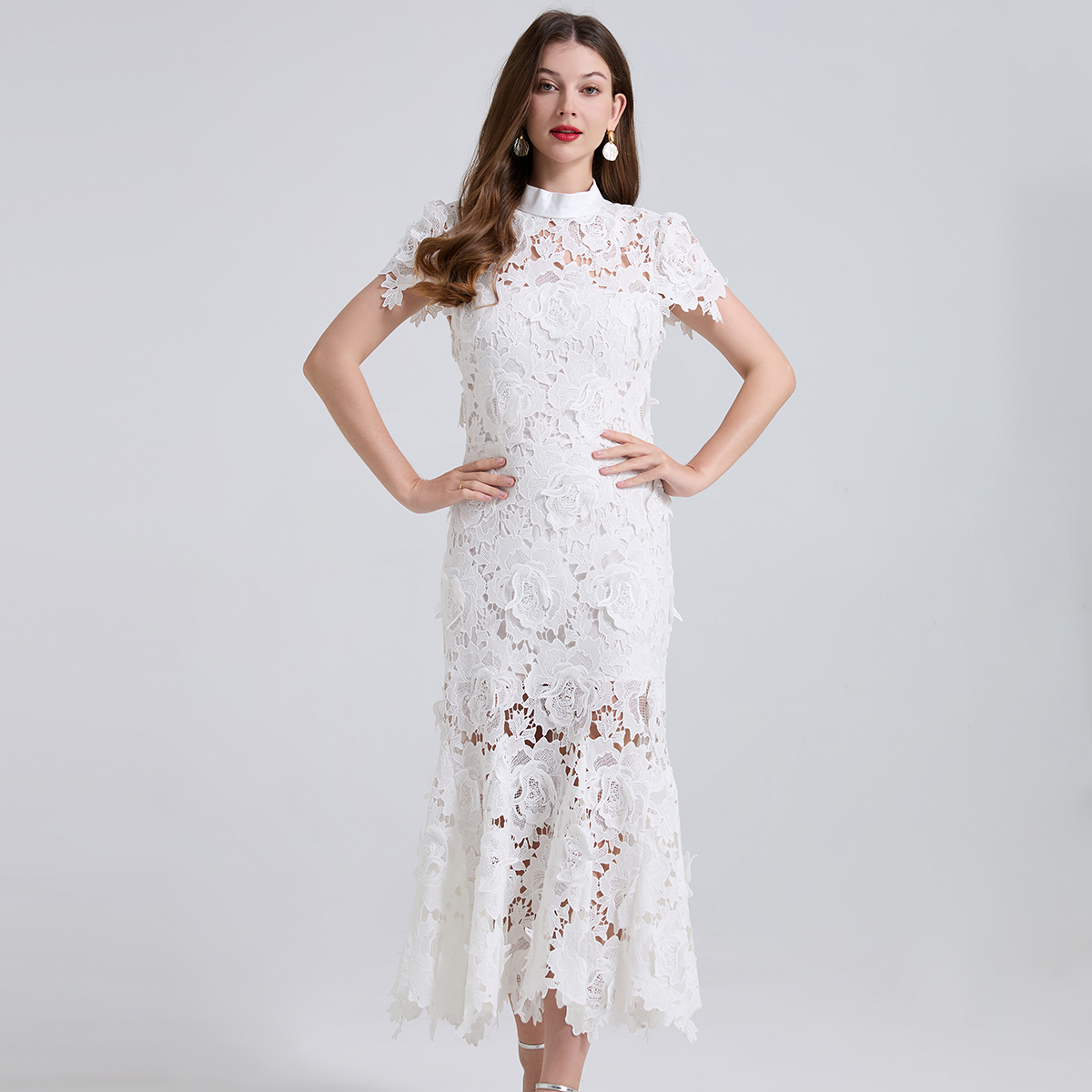 Real shot high-end three-dimensional flower hollow lace temperament fish tail big swing dress slim fit hip hugging skirt Real shot high-end three-dimensional flower hollow lace temperament fish tail big swing dress slim fit hip hugging skirt