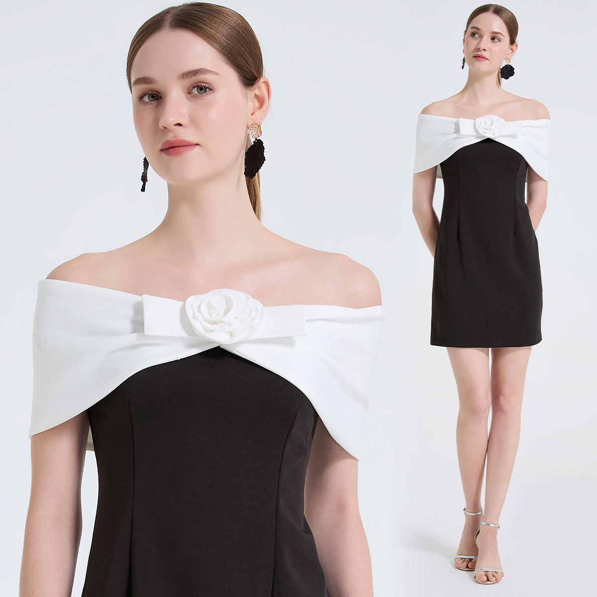 Realistic French black and white contrasting one shoulder three-dimensional floral decoration with off shoulder slimming temperament mini dress