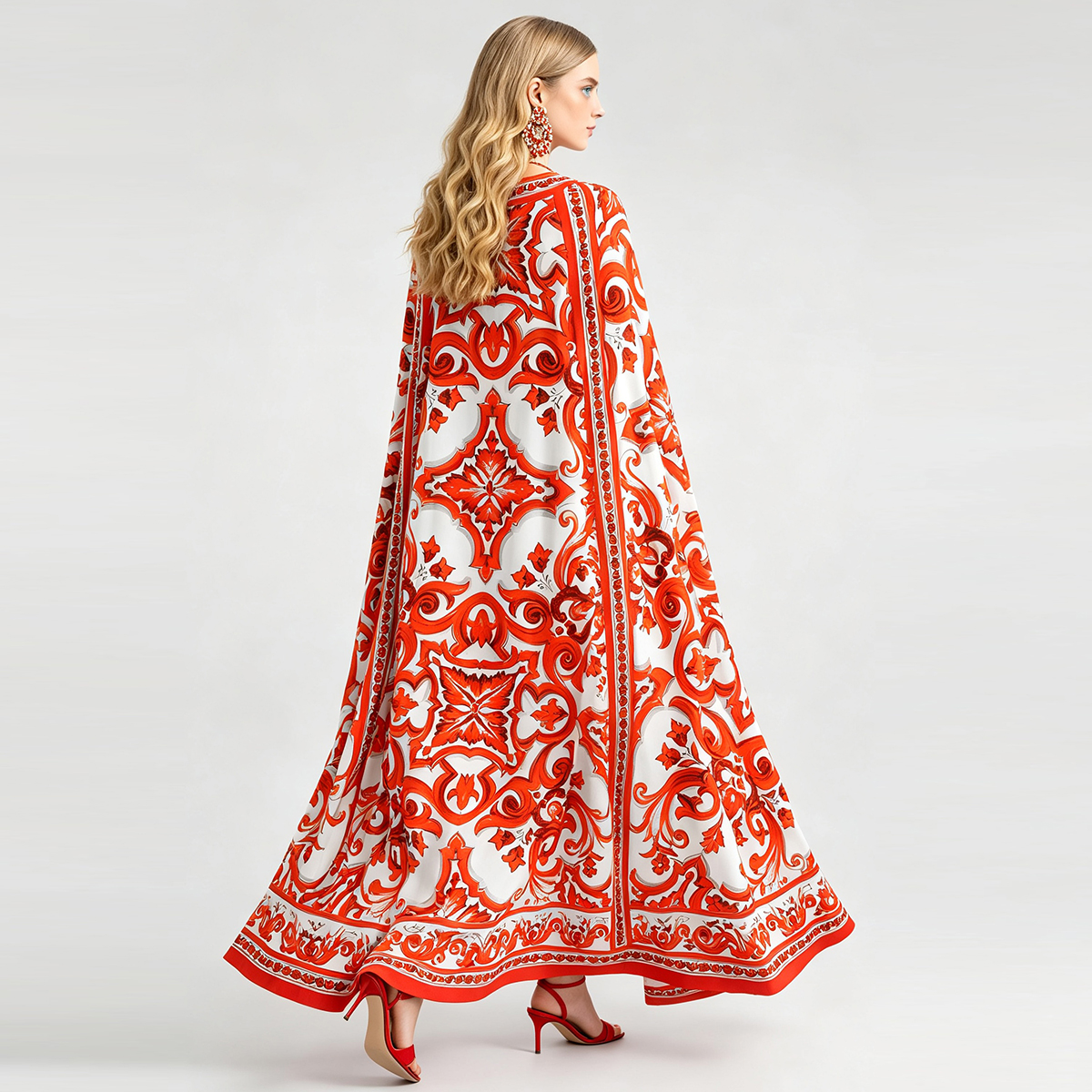 Positioning: Round neck large flower loose shawl round neck plus size dress, bat big swing A-line floor length skirt Positioning: Round neck large flower loose shawl round neck plus size dress, bat big swing A-line floor length skirt