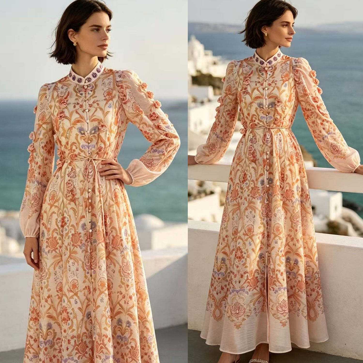 Australian niche 2026 summer elegant stand up collar single breasted heavy industry floral fringe two-piece dress long skirt