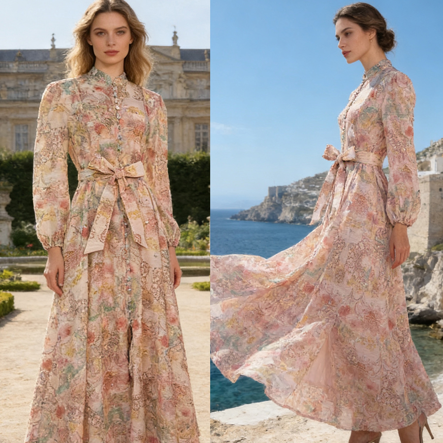 Classic European and American style women's clothing with polka dot stand up collar, single breasted lantern sleeves, heavy-duty nail drill waist cinching, large swing dress, long skirt Classic European and American style women's clothing with polka dot stand up collar, single breasted lantern sleeves, heavy-duty nail drill waist cinching, large swing dress, long skirt