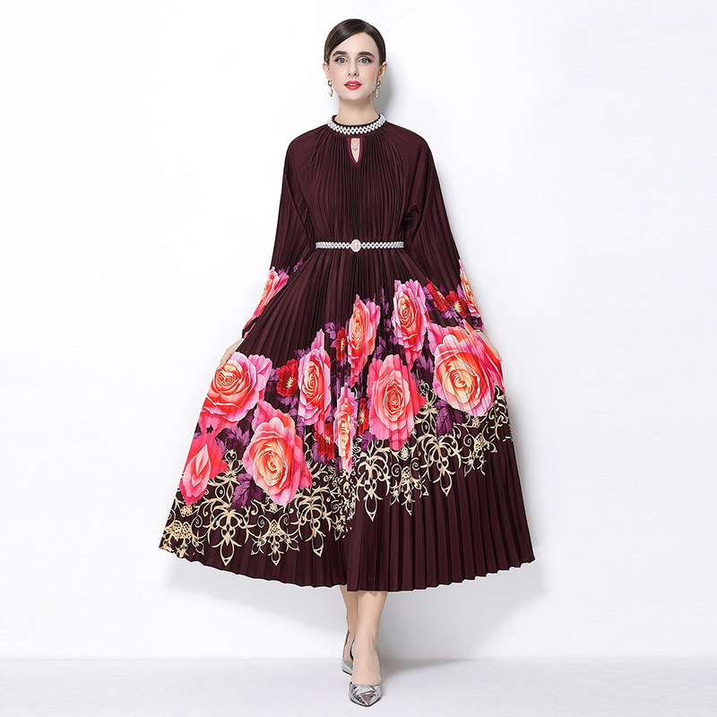 Original 2026 high-end nail bead positioning printed pleated pearl buckle pleated long skirt Original 2026 high-end nail bead positioning printed pleated pearl buckle pleated long skirt