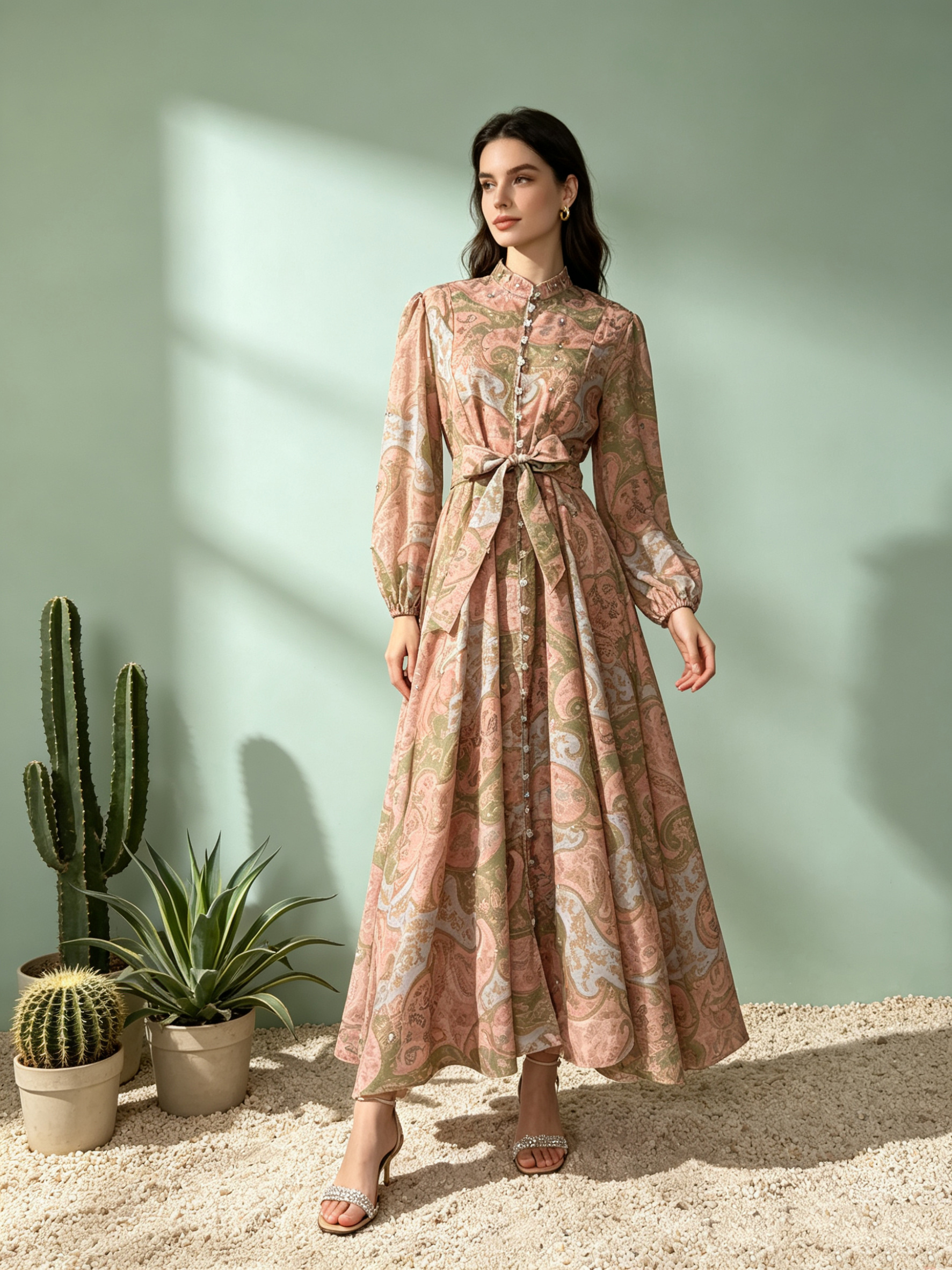 Australian retro print stand up collar lantern sleeves long sleeves heavy studded beads elegant socialite temperament two-piece dress long Australian retro print stand up collar lantern sleeves long sleeves heavy studded beads elegant socialite temperament two-piece dress long