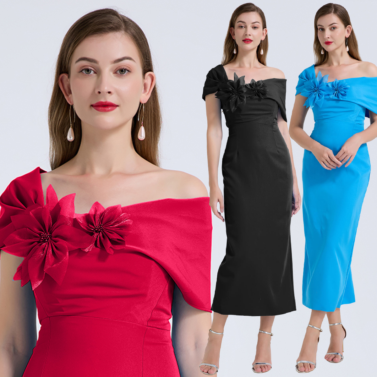 Real shot sexy off shoulder asymmetrical design three-dimensional flower slim fit hip hugging dress evening dress