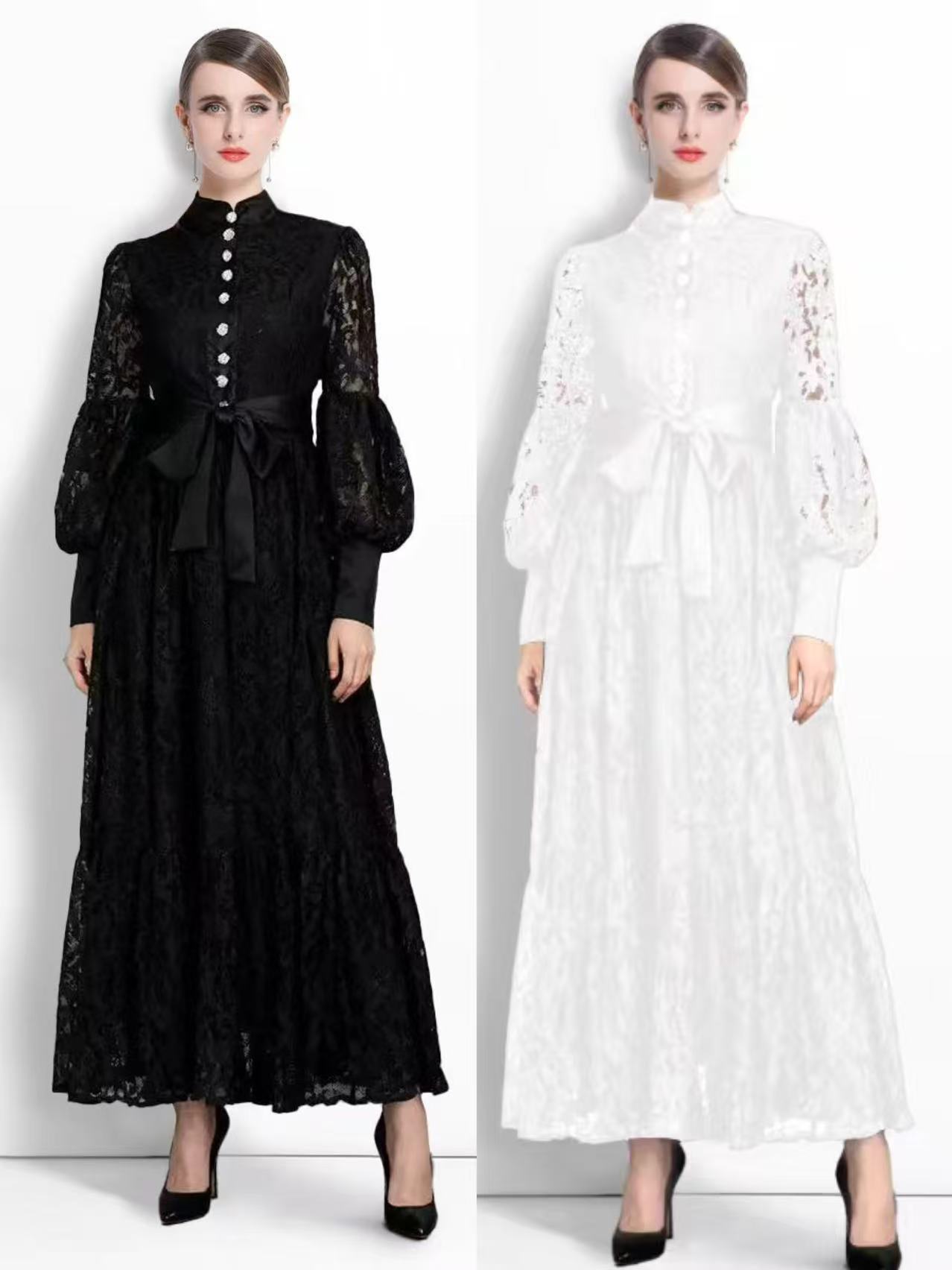 Black lace lantern sleeve patchwork long skirt solid color palace style retro lace up dress long sleeved mid waist