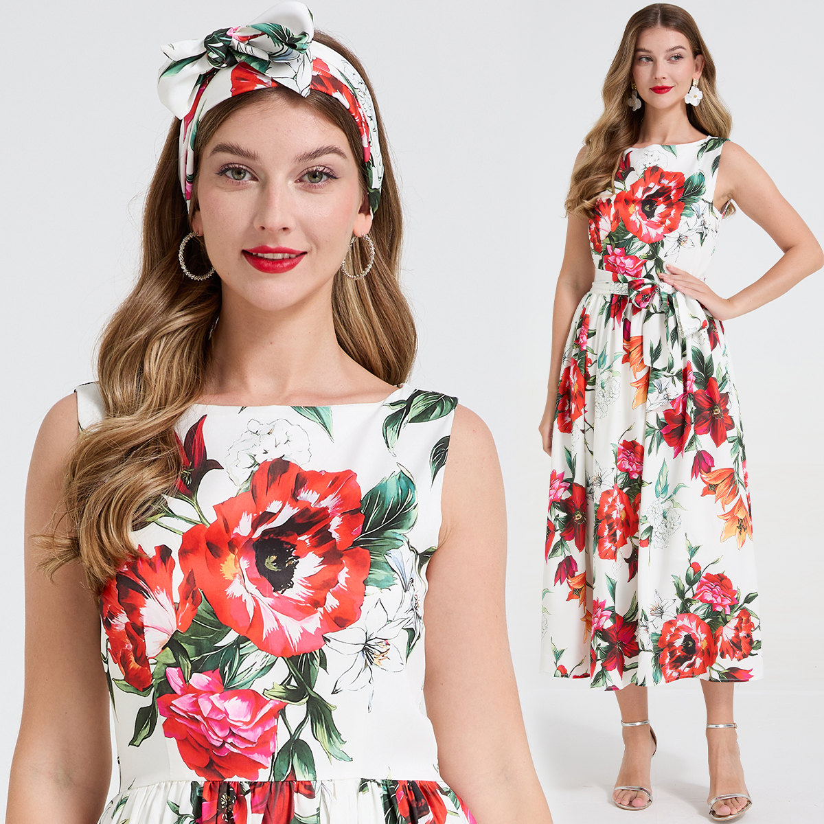 Real shot French romantic floral print sleeveless dress with high waist, bow tie tie, cinched waist, and large swing skirt