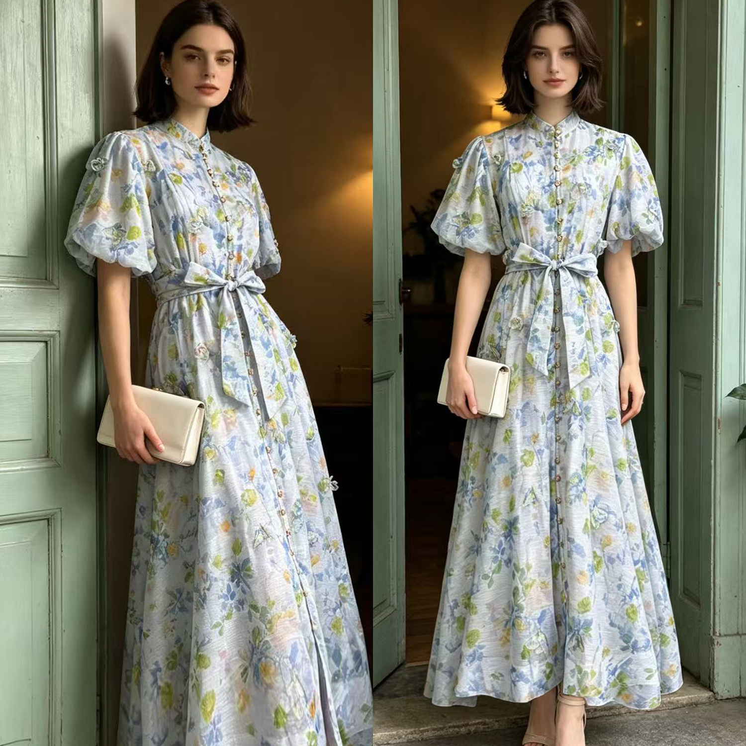 European and American elegant socialite temperament retro printed heavy three-dimensional flower stand up collar single breasted waist slimming dress European and American elegant socialite temperament retro printed heavy three-dimensional flower stand up collar single breasted waist slimming dress