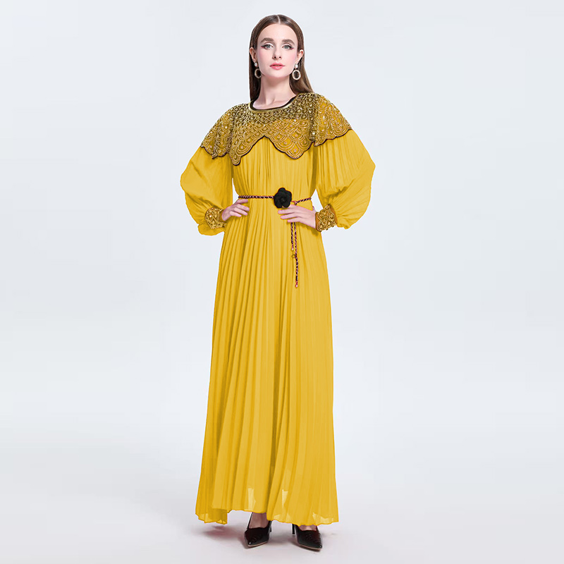 Light luxury high-end embroidered bead sequin round neck long sleeved dress, super fairy pleated elegant dress Light luxury high-end embroidered bead sequin round neck long sleeved dress, super fairy pleated elegant dress