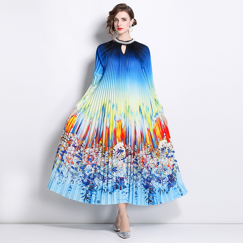 Original 2026 high-end nail bead positioning printed pleated pearl buckle pleated long skirt Original 2026 high-end nail bead positioning printed pleated pearl buckle pleated long skirt