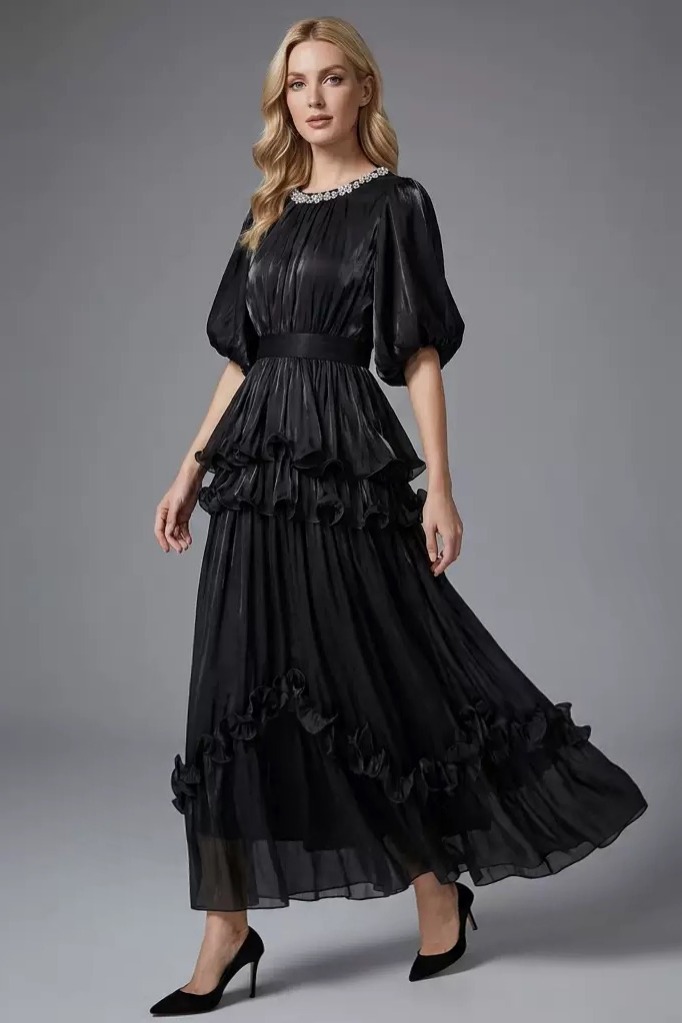 French court style bubble sleeve dress, women's waist cinched, ruffled cake skirt, elegant retro long skirt, formal dress French court style bubble sleeve dress, women's waist cinched, ruffled cake skirt, elegant retro long skirt, formal dress