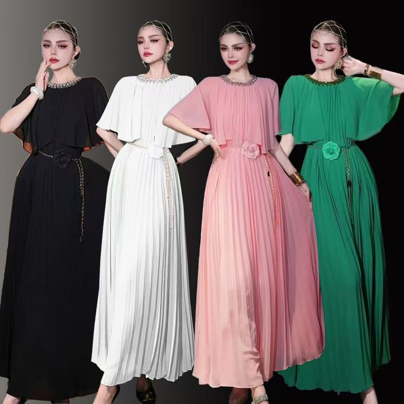 2025 new round neck handmade nail drill short sleeved cape, flowing pleated long skirt dress