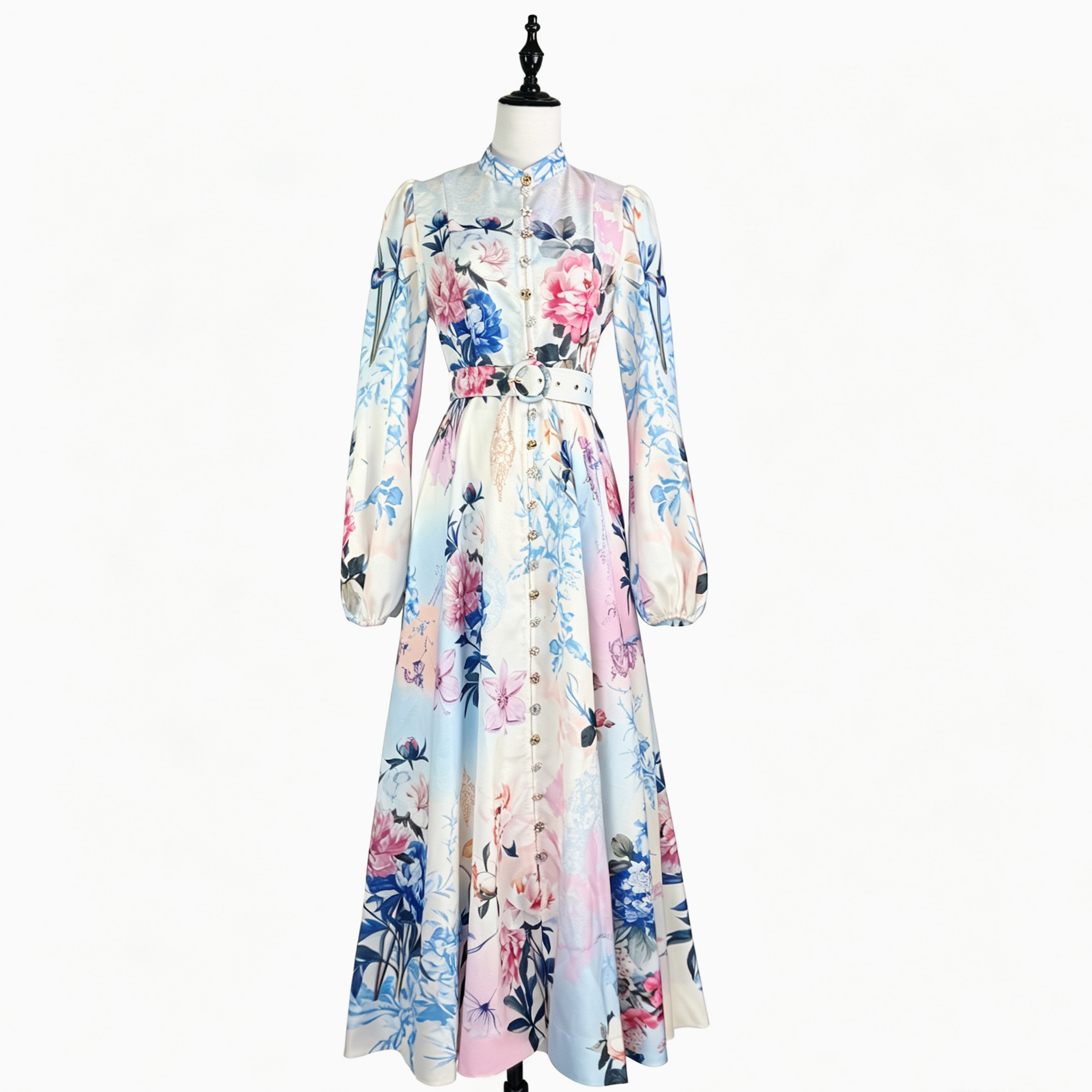 Australian new French retro style stand up collar lantern sleeve single breasted printed dress, four season new long skirt Australian new French retro style stand up collar lantern sleeve single breasted printed dress, four season new long skirt