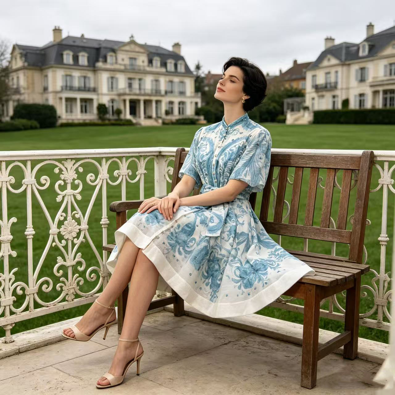 Australian vacation style summer new French retro printed bubble sleeves short sleeves studded diamond single breasted dress umbrella skirt Australian vacation style summer new French retro printed bubble sleeves short sleeves studded diamond single breasted dress umbrella skirt