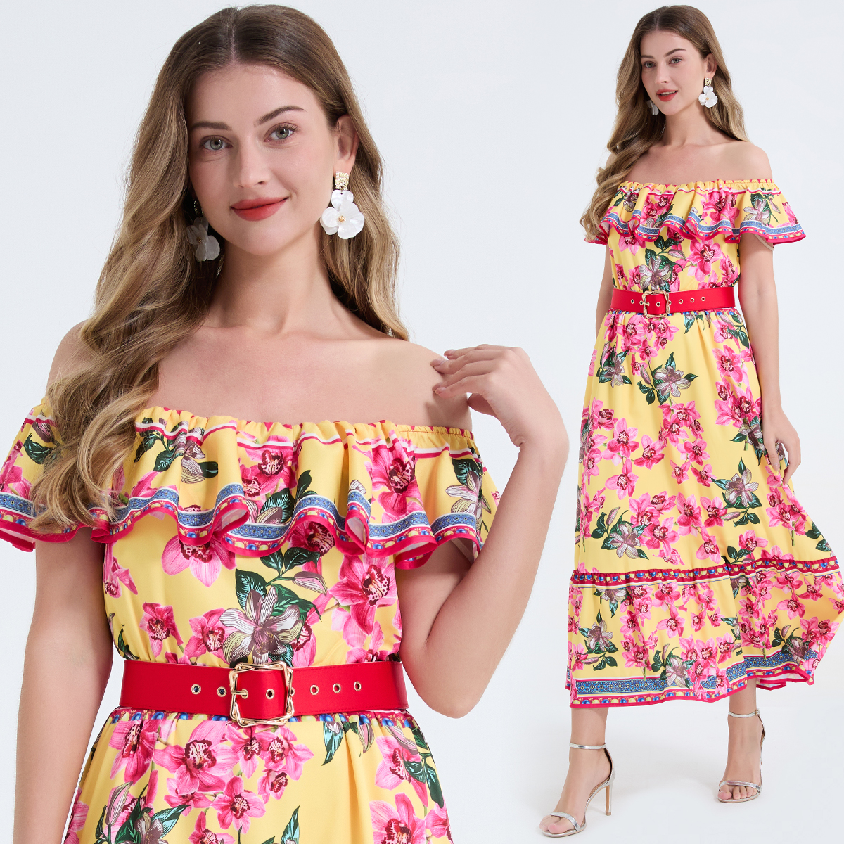 Real shot French one shoulder lotus leaf edge off shoulder long skirt with high waist, slim fit, vacation style, big swing skirt