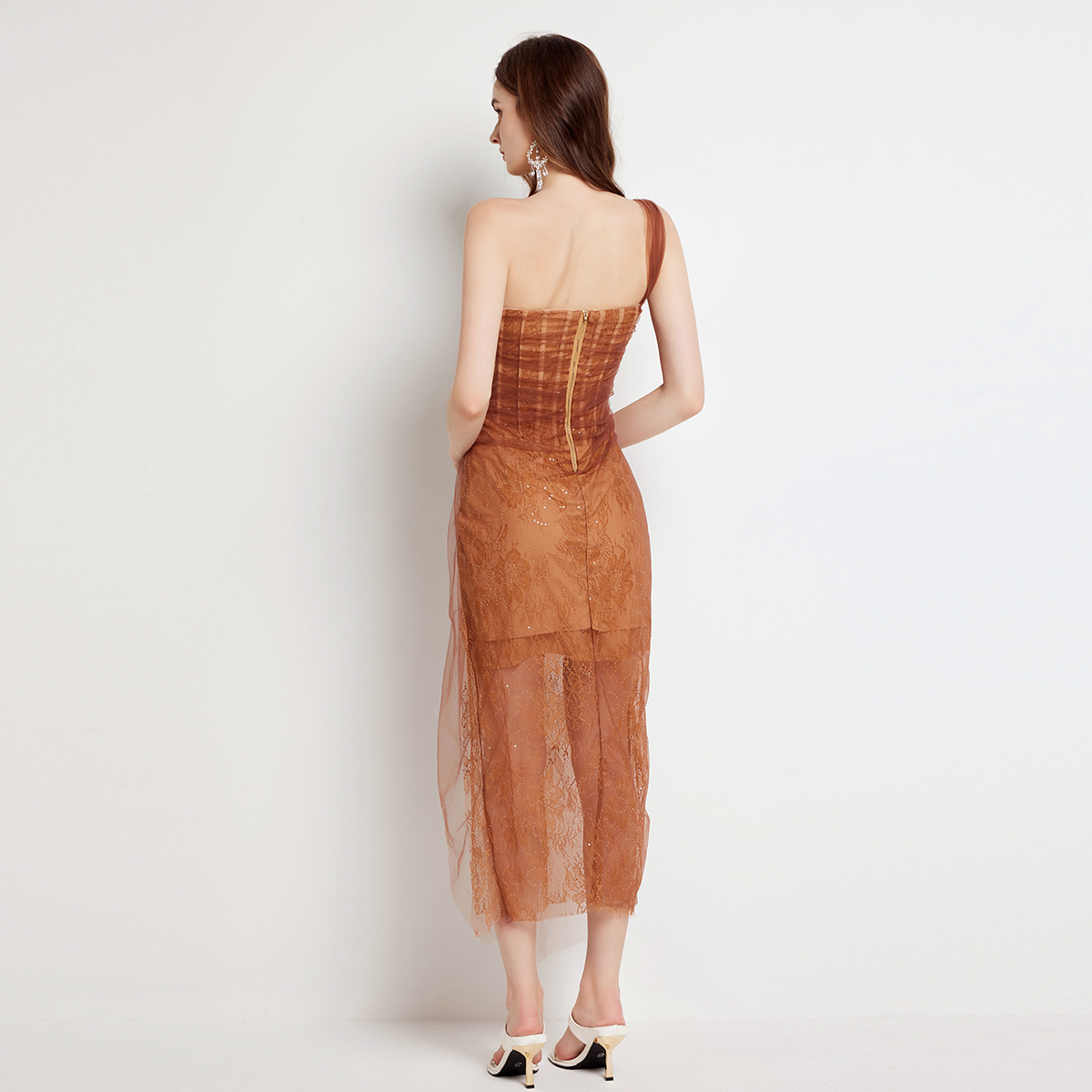 Real shot overweight worker fish bone lace bead piece three-dimensional cutting pleated mesh slit slim fit dress Real shot overweight worker fish bone lace bead piece three-dimensional cutting pleated mesh slit slim fit dress