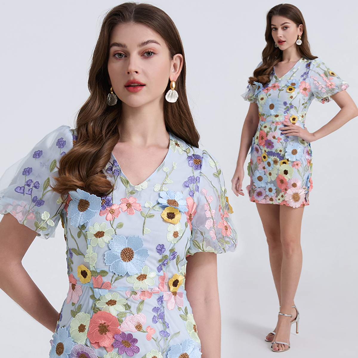 Real shot 773 # Heavy Industry Embroidered 3D Stickers Summer Elegant Bubble Sleeve Dress V-neck Small Dress