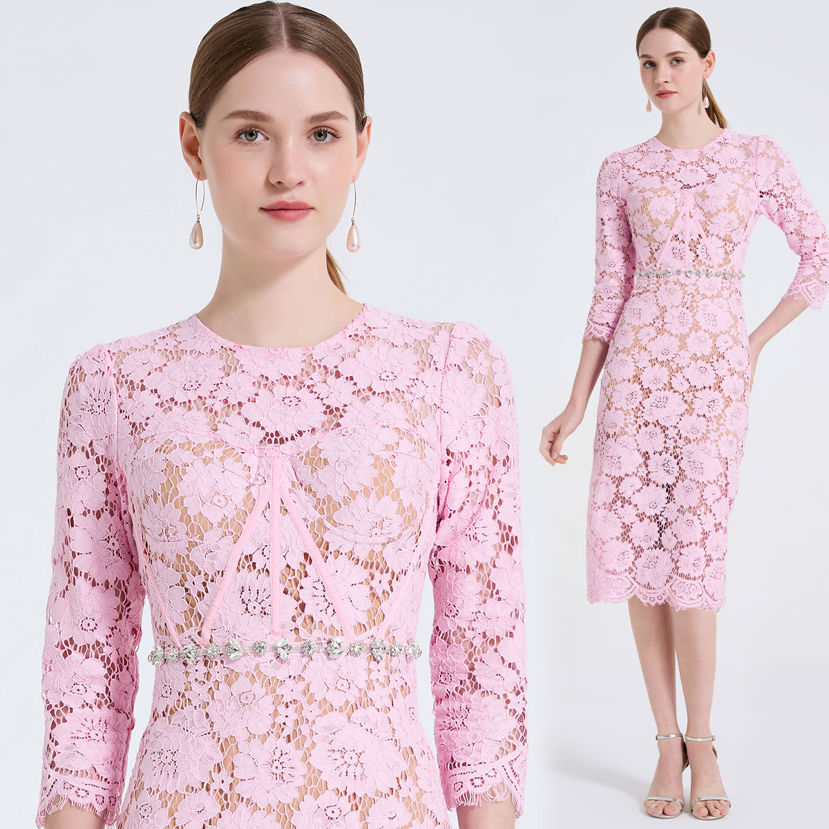 New lace three-dimensional chest cushion fishbone diamond embellished dress with round neck, mid sleeves, slim fit and hip hugging skirt