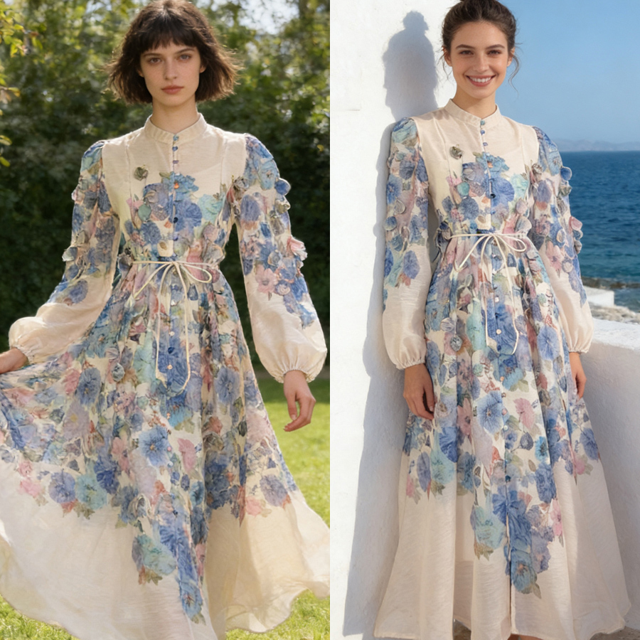 Australian niche 2026 summer elegant stand up collar single breasted heavy industry floral fringe two-piece dress long skirt Australian niche 2026 summer elegant stand up collar single breasted heavy industry floral fringe two-piece dress long skirt