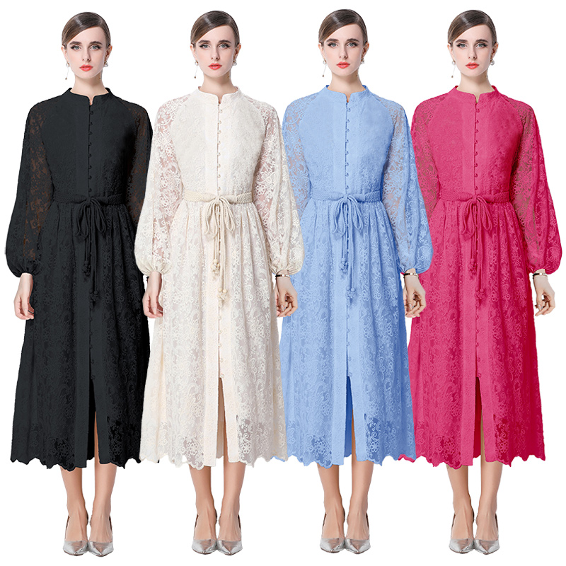 Palace Embroidery Water soluble Lace Retro Long Dress Heavy Industry Versatile Dress