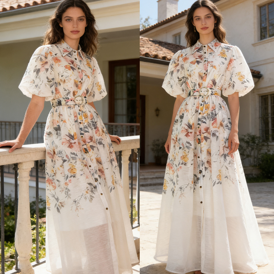 Australian retro printed elegant socialite temperament with a lapel and bubble sleeves, short sleeved summer waist slimming dress, long skirt Australian retro printed elegant socialite temperament with a lapel and bubble sleeves, short sleeved summer waist slimming dress, long skirt