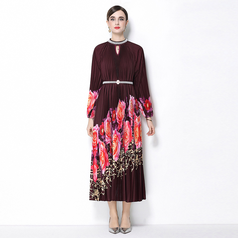 Original 2026 high-end nail bead positioning printed pleated pearl buckle pleated long skirt Original 2026 high-end nail bead positioning printed pleated pearl buckle pleated long skirt