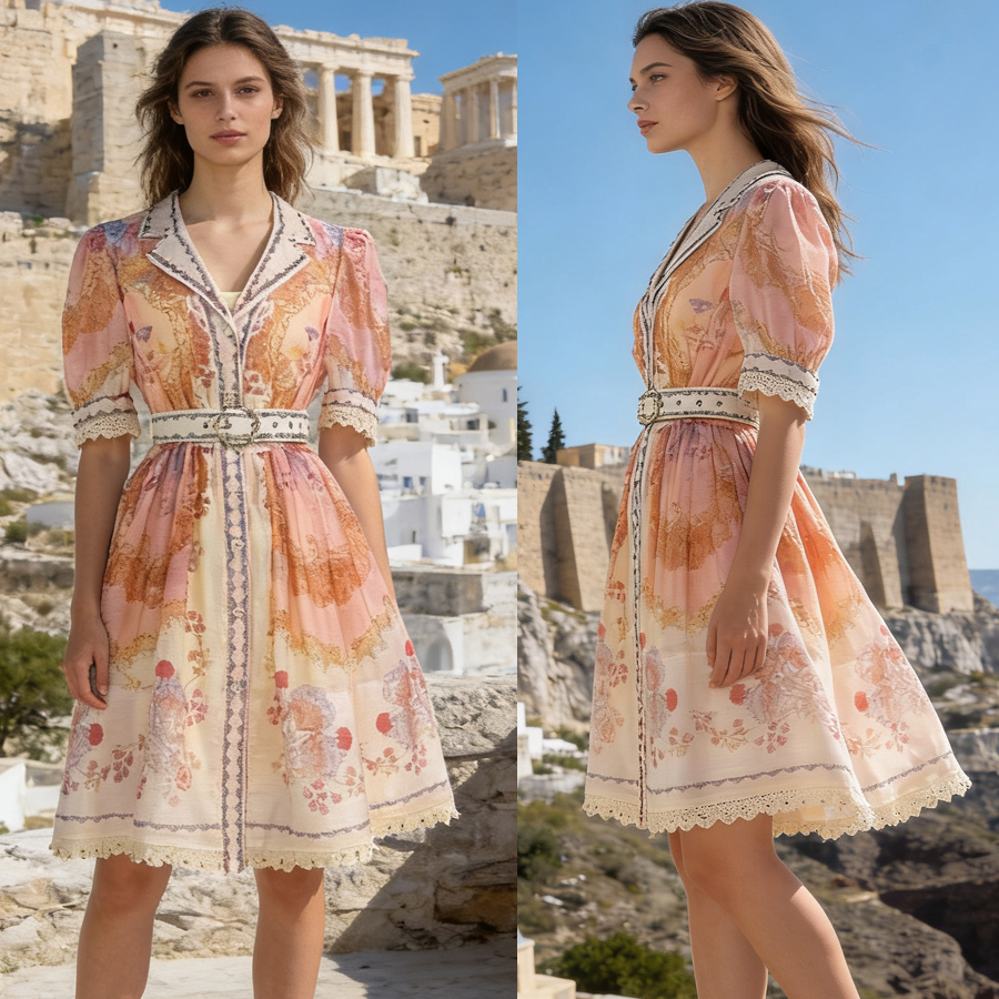 European and American niche retro printed small lapel bubble sleeve lace nail bead large swing waist slimming dress two-piece set European and American niche retro printed small lapel bubble sleeve lace nail bead large swing waist slimming dress two-piece set