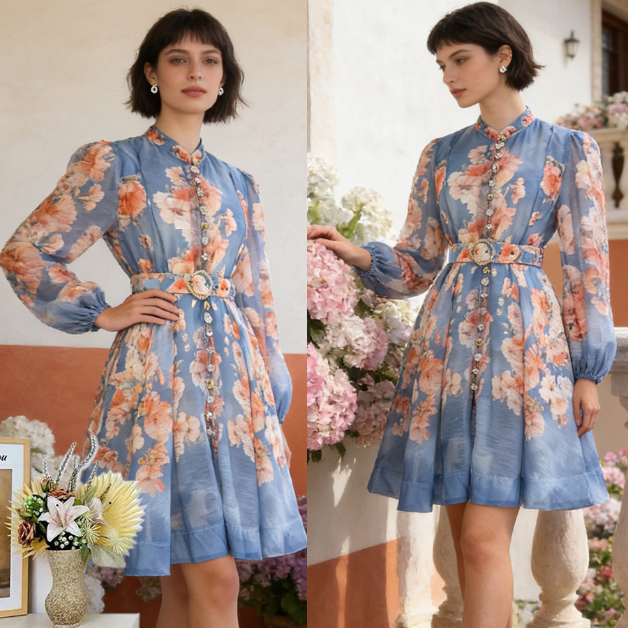 Australian light luxury early autumn new item positioning: printed stand collar lantern sleeves, waist cinching and slimming two-piece dress, short skirt Australian light luxury early autumn new item positioning: printed stand collar lantern sleeves, waist cinching and slimming two-piece dress, short skirt