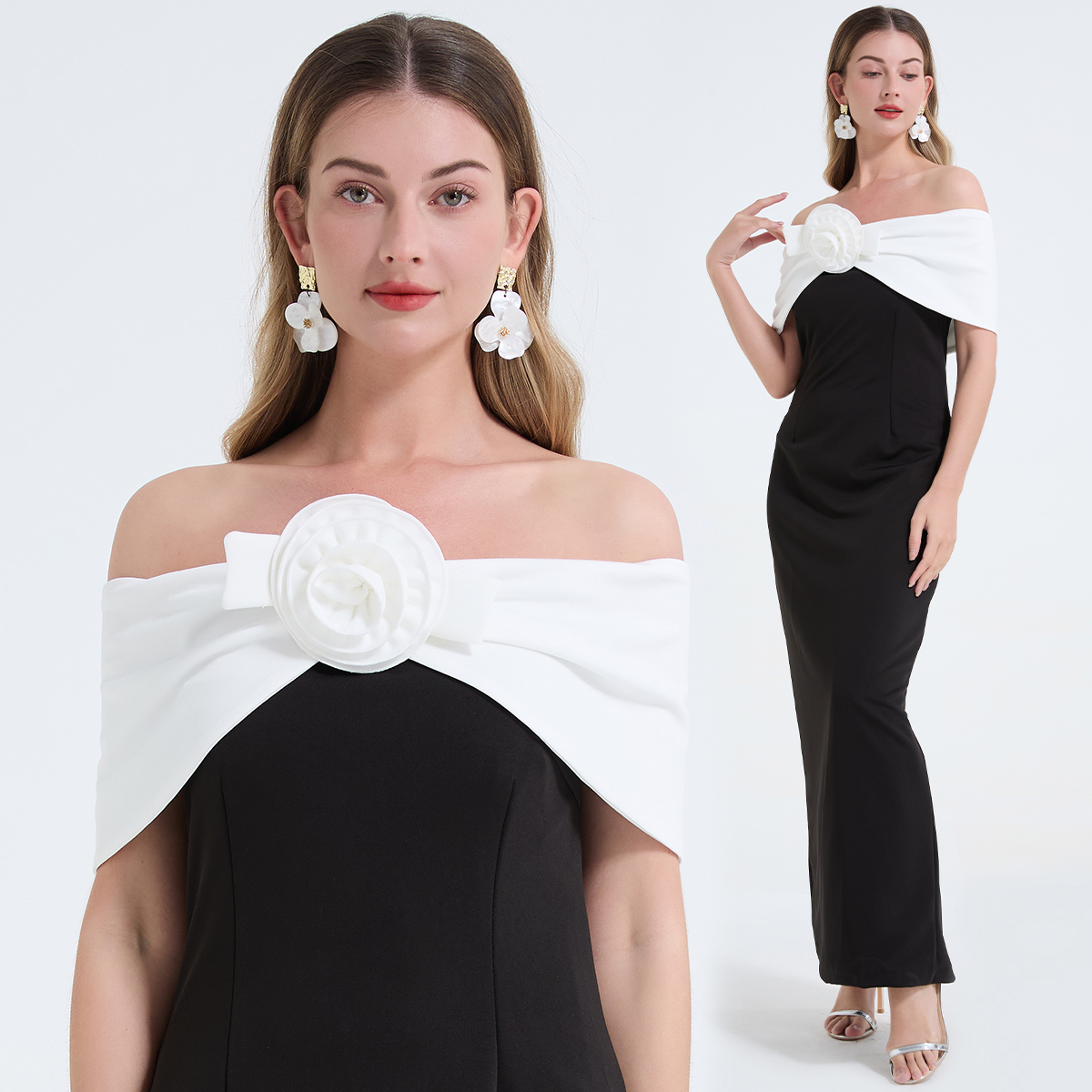 Real shot French black and white contrasting one shoulder three-dimensional floral decoration, exposed shoulder, sexy temperament, hip hugging skirt