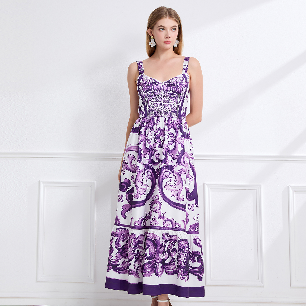 Real time fashion print positioning sling slim fit waist dress with elastic A-line skirt at the back Real time fashion print positioning sling slim fit waist dress with elastic A-line skirt at the back