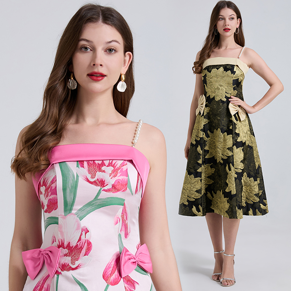 Real shot high-end light luxury jacquard contrasting butterfly bow pearl shoulder strap dress with waist cinched A-line skirt