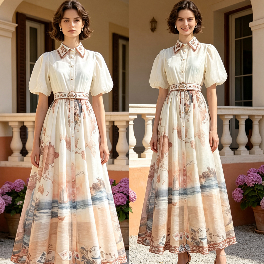 Australian retro printed elegant socialite temperament with a lapel and bubble sleeves, short sleeved summer waist slimming dress, long skirt Australian retro printed elegant socialite temperament with a lapel and bubble sleeves, short sleeved summer waist slimming dress, long skirt
