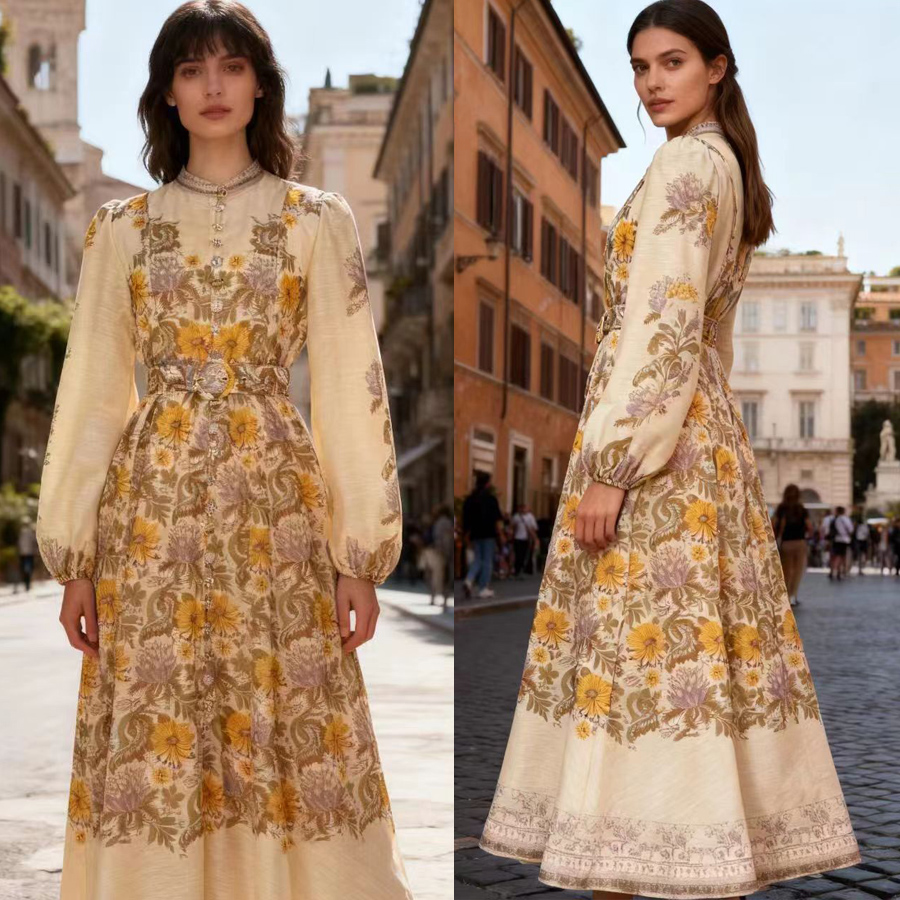 French high-end two-piece dress with retro print stand up collar lantern sleeves and waist cinching big swing dress, long skirt French high-end two-piece dress with retro print stand up collar lantern sleeves and waist cinching big swing dress, long skirt