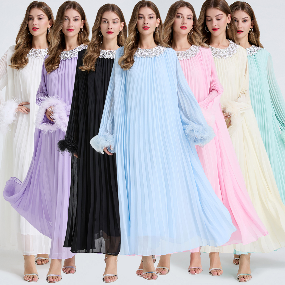 High version super heavy industry nail drill pleated large size oversized swing dress with real ostrich double hair and small waist belt as a gift