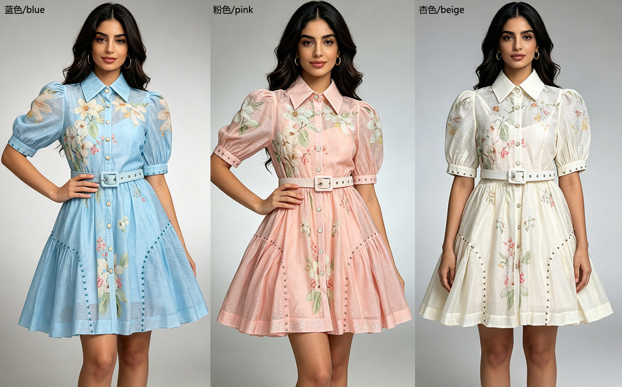 Summer New French Elegant Style Flip Collar Shirt Sleeve Single breasted Pattern Printed Lace up Large Swing Shirt Short Skirt Summer New French Elegant Style Flip Collar Shirt Sleeve Single breasted Pattern Printed Lace up Large Swing Shirt Short Skirt
