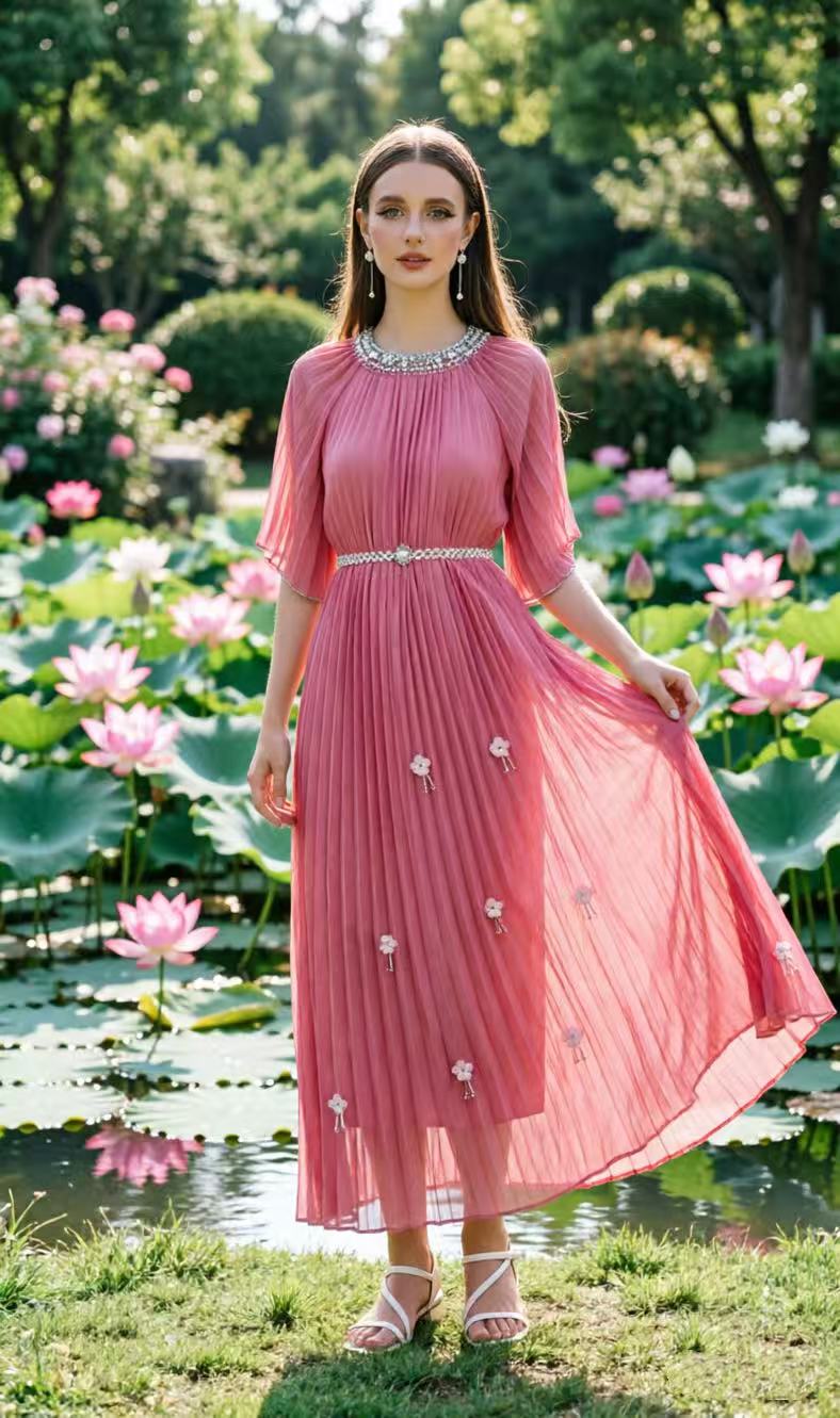 2026 Heavy Industry Diamond inlaid pleated handmade flower tassel pleated dress 2026 Heavy Industry Diamond inlaid pleated handmade flower tassel pleated dress
