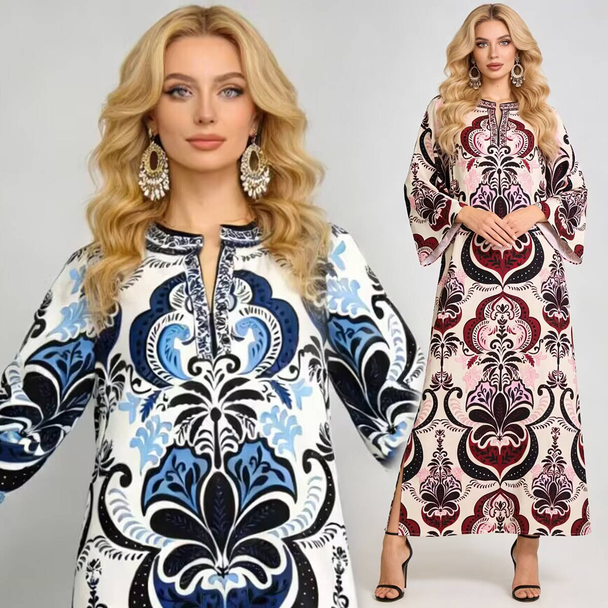 Real time shooting of new fashion positioning printed round neck slit personalized dress loose skirt