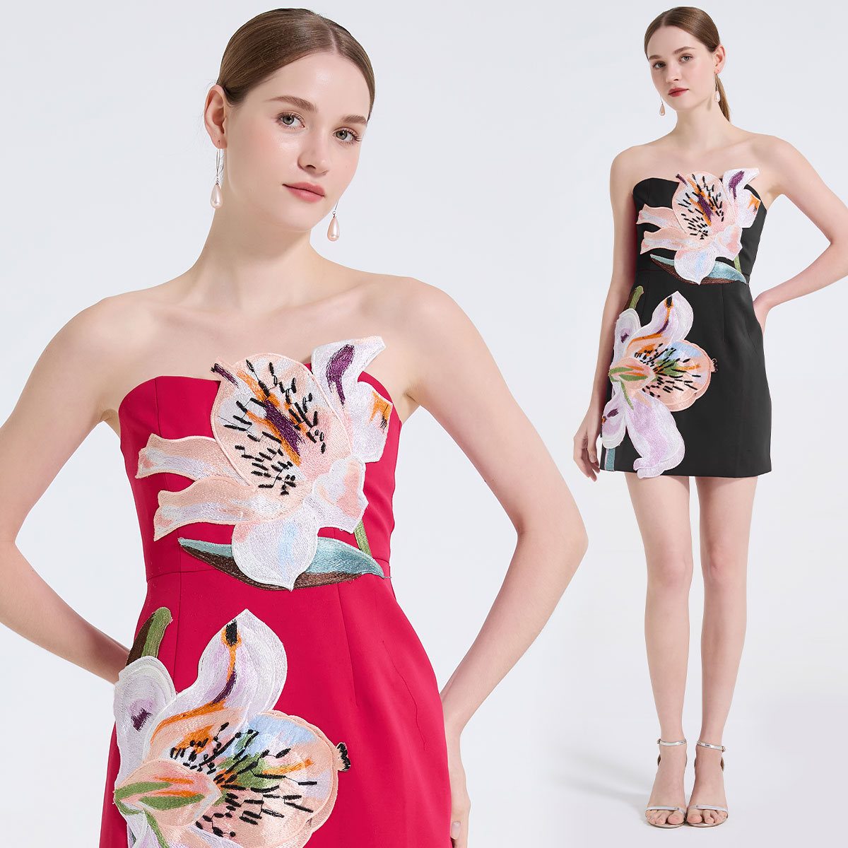 Realistic shooting of elegant temperament, heavy-duty three-dimensional flower embroidery strapless skirt, goddess Fan Xianshou, fashionable little dress