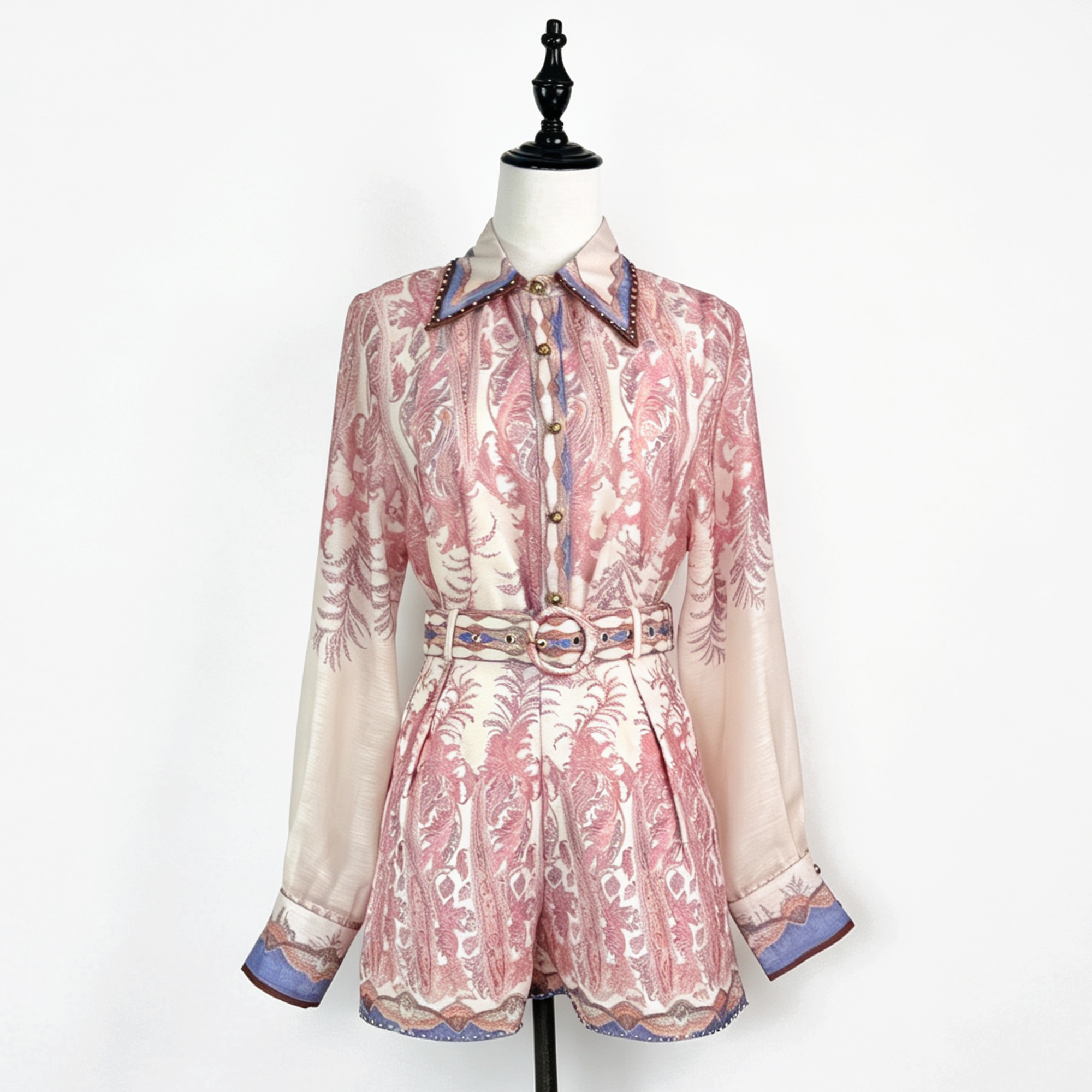 Australian niche early autumn new printed collar lantern sleeve shirt high waisted shorts set two-piece vacation set Australian niche early autumn new printed collar lantern sleeve shirt high waisted shorts set two-piece vacation set