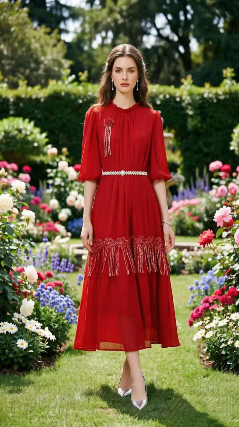 French retro brick inlaid heavy industry handmade bead three-dimensional flower loose temperament tassel long skirt French retro brick inlaid heavy industry handmade bead three-dimensional flower loose temperament tassel long skirt
