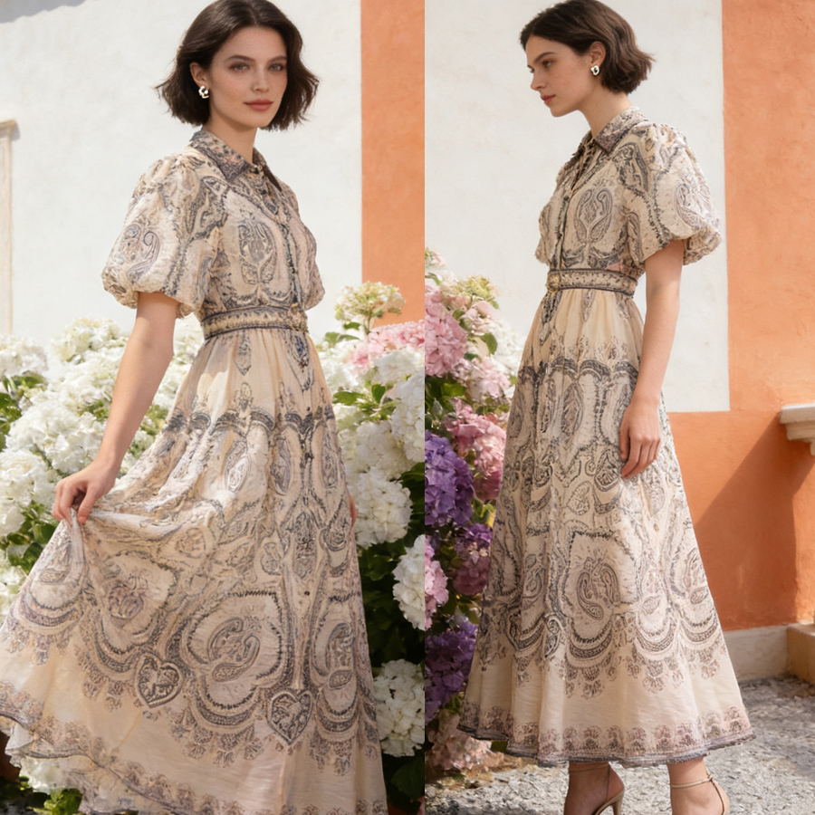 Australian retro printed elegant socialite temperament with a lapel and bubble sleeves, short sleeved summer waist slimming dress, long skirt Australian retro printed elegant socialite temperament with a lapel and bubble sleeves, short sleeved summer waist slimming dress, long skirt