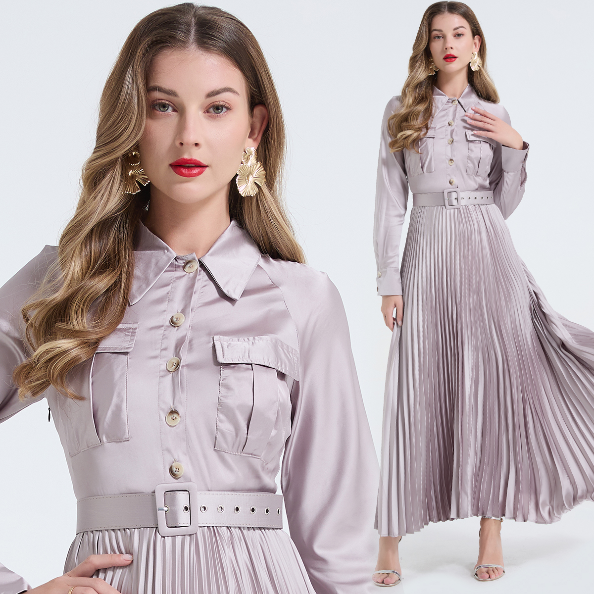 Realistic photo of satin shirt collar, cinched waist, lace up pleated skirt, temperament, slim fit, hanging feeling, long sleeved large swing skirt