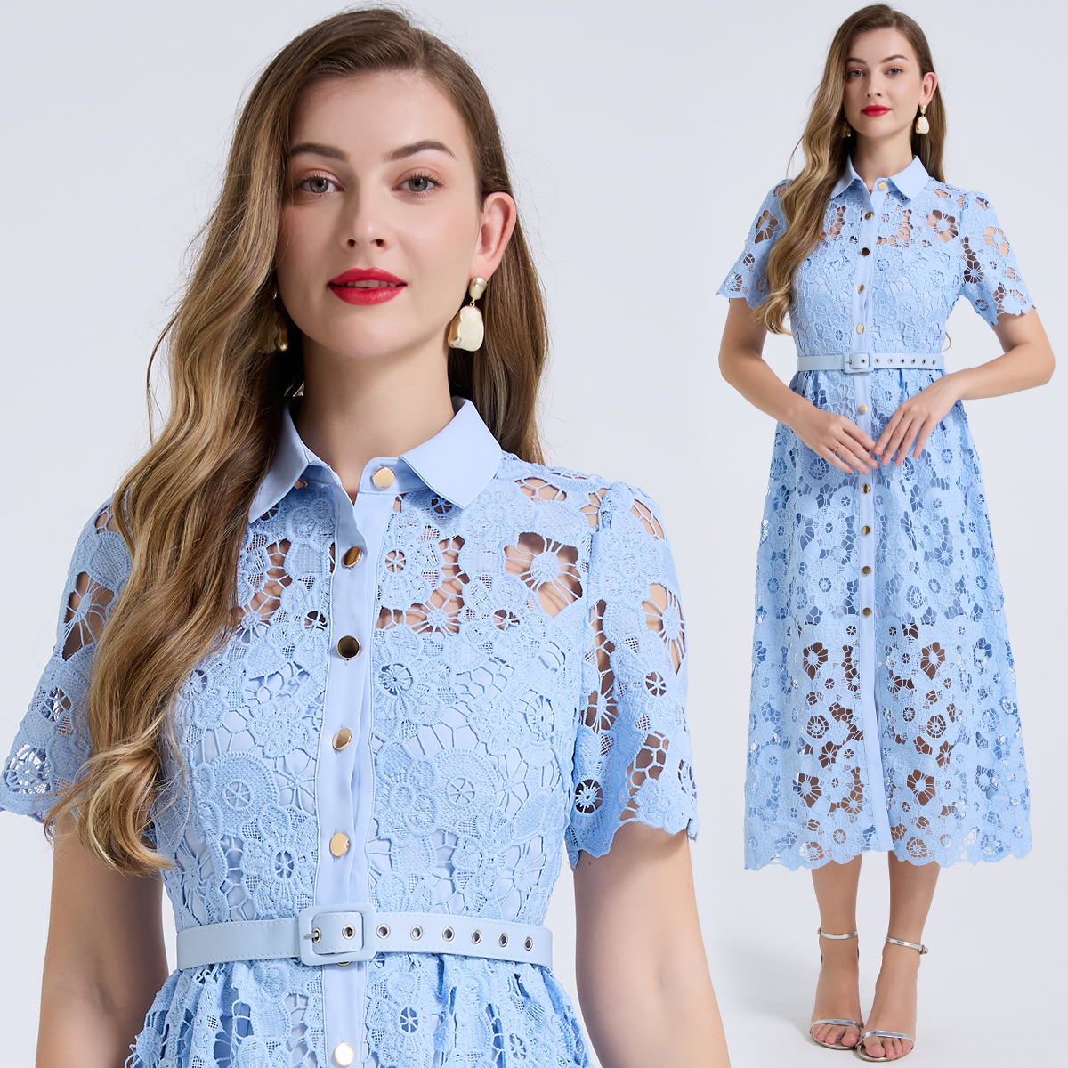 Real time shooting of summer new product, contrasting color shirt collar, slim fit high waisted short sleeved dress, waist cinched diamond buckle A-line skirt