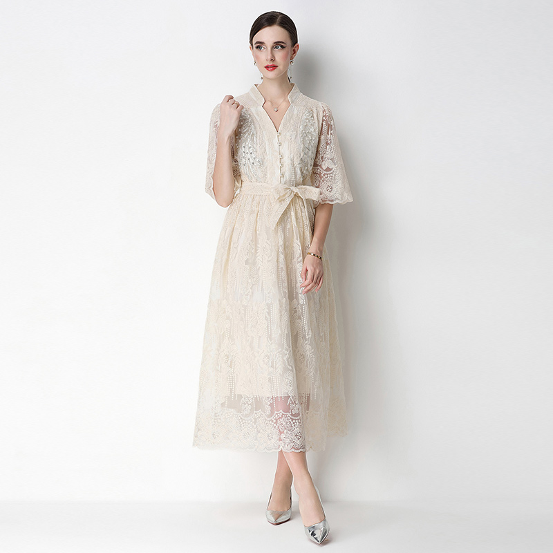 2026 Heavy Industry Lace Hand Embroidered Dress with Waist cinching and Elegant Style 2026 Heavy Industry Lace Hand Embroidered Dress with Waist cinching and Elegant Style
