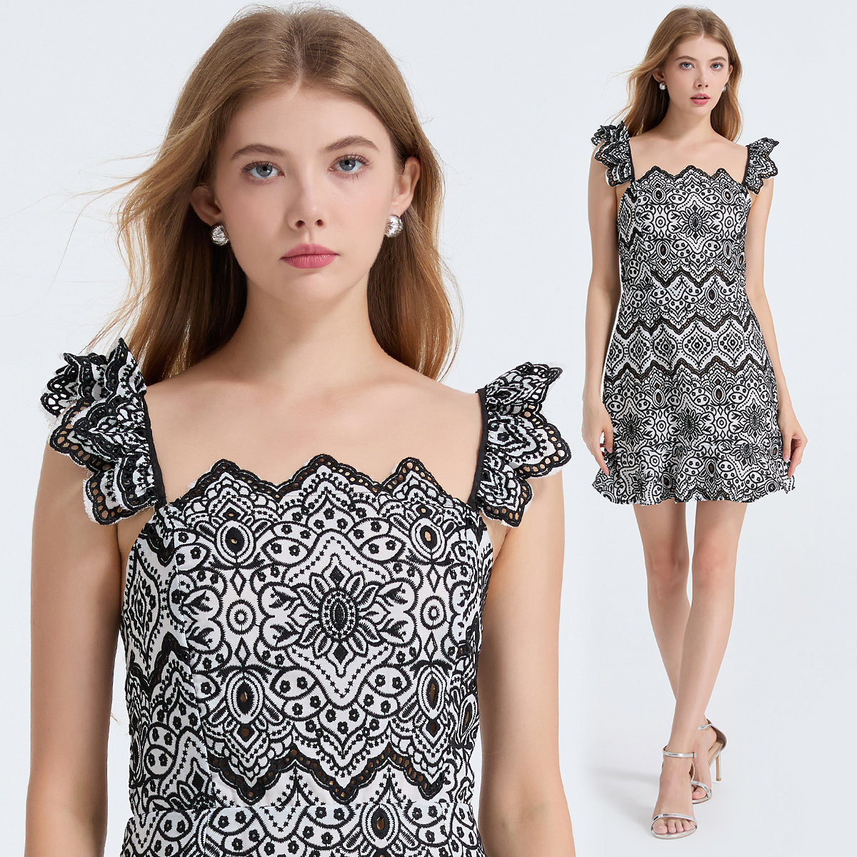 Real shot Heavy Industry Embroidery Hollow Cutting Flower Lace Strap Dress Slimming High Waist Flying Sleeve A-line Skirt