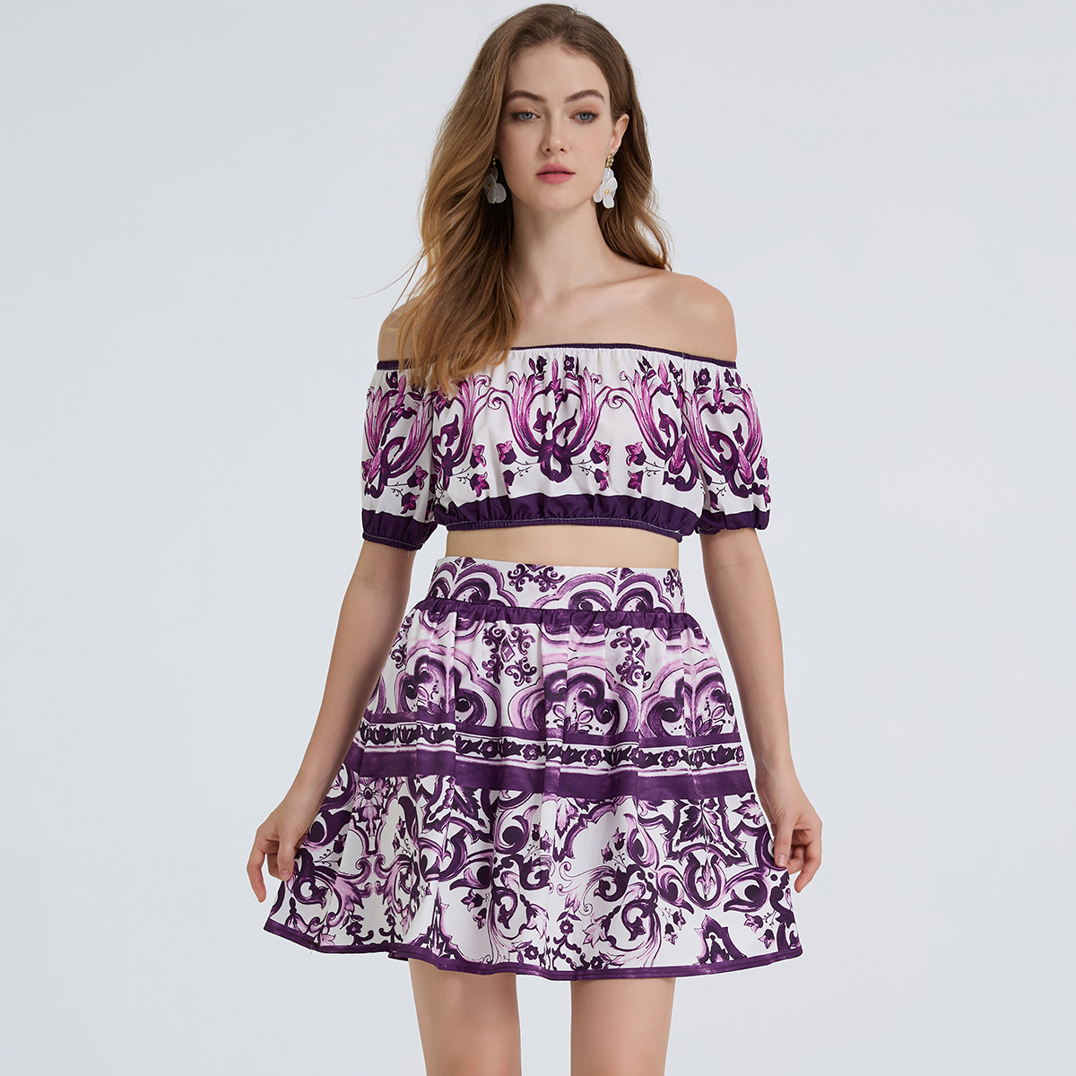 Real shot sexy off shoulder printed top+high waist slim fit skirt 2-piece set Real shot sexy off shoulder printed top+high waist slim fit skirt 2-piece set