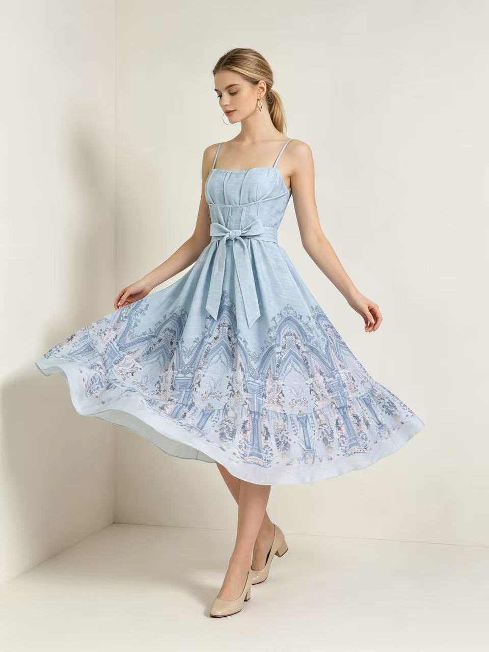 New retro printed sleeveless camisole high waisted dress for 2026 summer in Australia, suitable for vacation, large display, tea break, and long skirt New retro printed sleeveless camisole high waisted dress for 2026 summer in Australia, suitable for vacation, large display, tea break, and long skirt